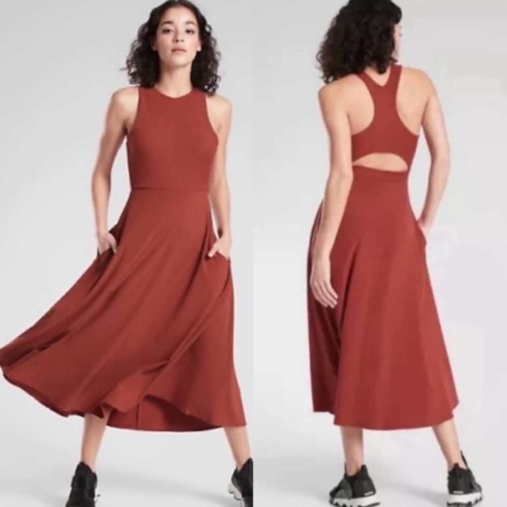 Athleta Winona Midi Support Fit & Flare in Cinnamon Pockets Travel-Friendly M